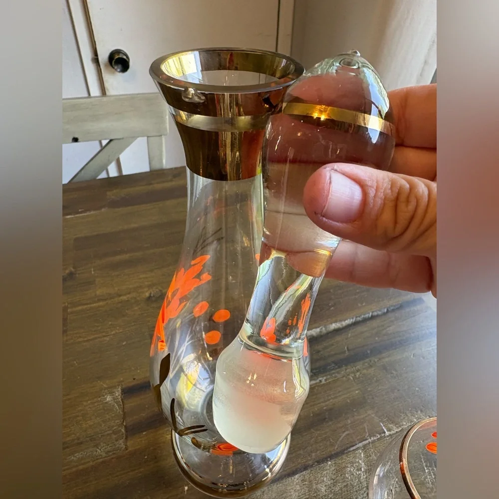 MCM Decanter Set Orange & Gold Gilded Striped Cordial Glass Hand Painted Floral - Picture 3 of 11